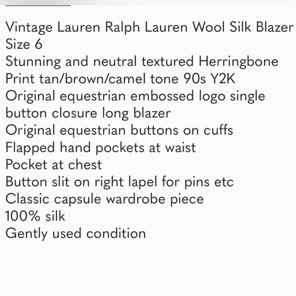 VTG Lauren Ralph Lauren Silk Herringbone Blazer Equestrian Buttons Size 6 - Picture 16 of 16